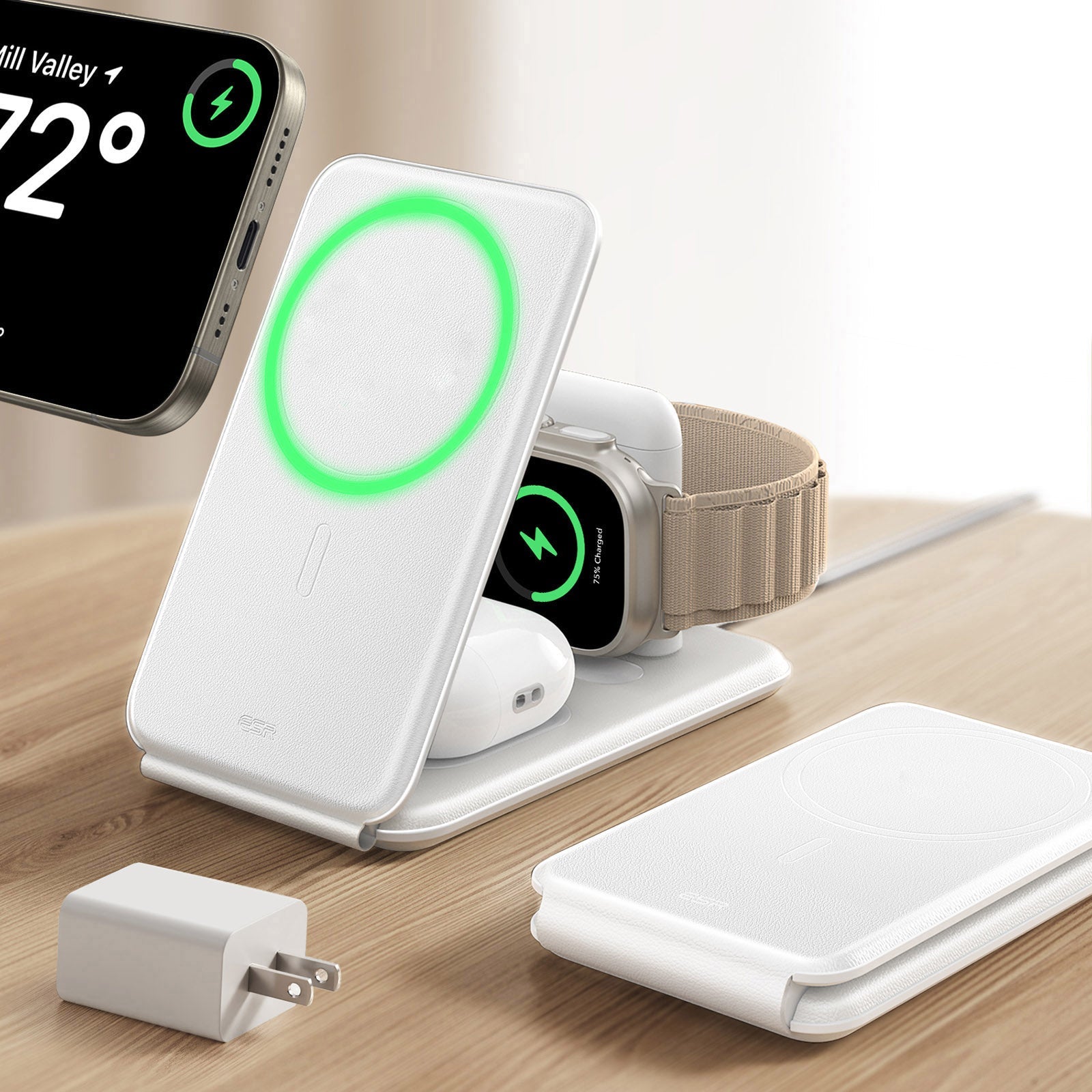 15W 3-in-1 Travel Wireless Charging Set - White - US Plug